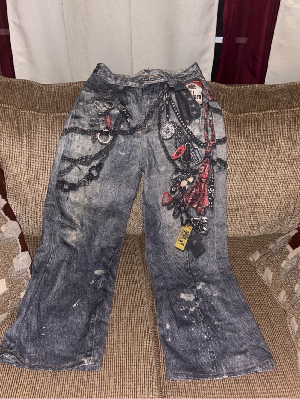 Gray Washed Straight Leg Jeans with Red Accent Print